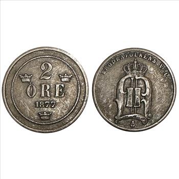 >1924 Sweden 1 Ore Coin - Crowned Double Monogram of King Gustaf V and 1877 2 Ore Coin, 