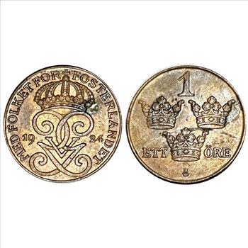 >1924 Sweden 1 Ore Coin - Crowned Double Monogram of King Gustaf V and 1877 2 Ore Coin, 