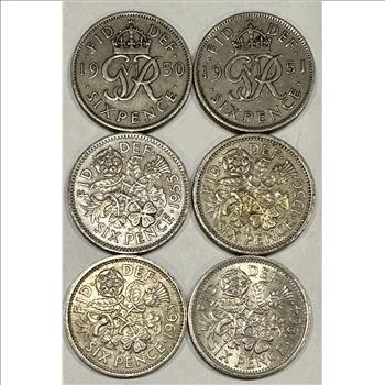 >(6) Great Britain Sixpence Coins - A Pocket Full of Sixpence!  1950, 1951, 1955, 1956, 1963 and 1964