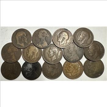>Lot of 14 Great Britain One Penny Coins - Dates Range From 1861 to 1939