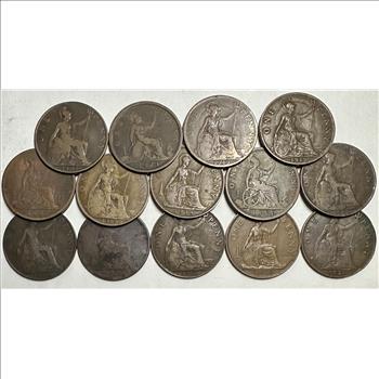 >Lot of 14 Great Britain One Penny Coins - Dates Range From 1861 to 1939