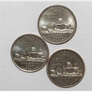 3 U.S. Washington State Quarters - Virginia - 2000-D Brilliant Uncirculated 2000-P Brilliant Uncirculated 2000-S Mint Proof