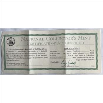 Year 2005 $2 Gold Certificate in 22 Kt. Gold with COA