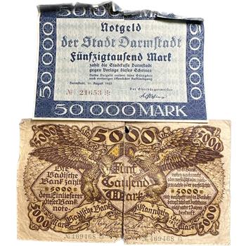 >1922 & 1923 Germany Currency - 5000 and 50000 Mark Banknotes