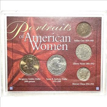 Portraits of American Women - 1970-S Dollar, 2002-P Sacagawea Golden Dollar, 1949 Liberty Dime, 1912 V Nickel & 1902 Indian Cent