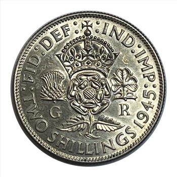 . 1945 Great Britain Silver 2 Shillings Coin - Nice Detail #Y-90