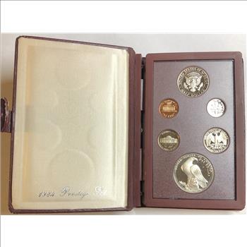 >1984-S U.S. Mint Olympic Prestige Set - 6 Coins Including Silver Gateway One Dollar - Stunning Set in Leather Book!