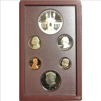 >1984-S U.S. Mint Olympic Prestige Set - 6 Coins Including Silver Gateway One Dollar - Stunning Set in Leather Book!