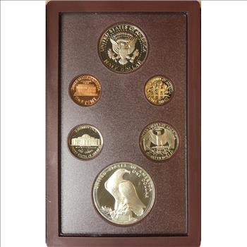 >1984-S U.S. Mint Olympic Prestige Set - 6 Coins Including Silver Gateway One Dollar - Stunning Set in Leather Book!