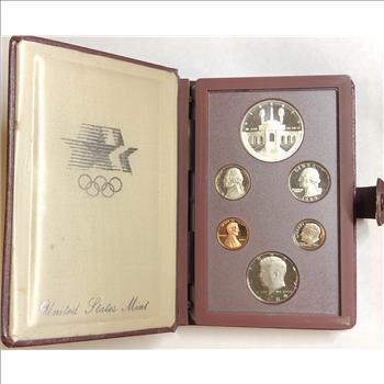 >1984-S U.S. Mint Olympic Prestige Set - 6 Coins Including Silver Gateway One Dollar - Stunning Set in Leather Book!