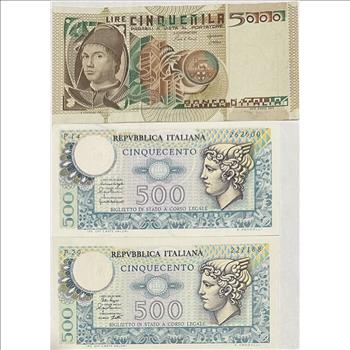 >Italy Very Crisp 5000 Lire and (2) 500 Lire Notes - 3 Notes