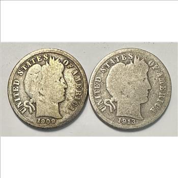 1909-O and 1913 U.S. Silver Barber Dimes