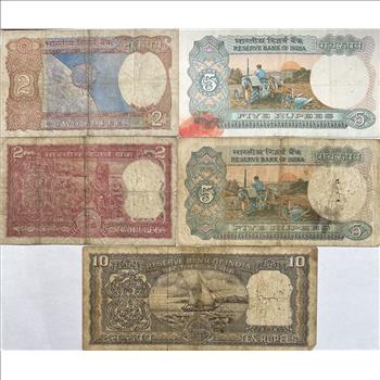 India Paper Currency - (2) 2 and 5 Rupee and (1) 10 Rupee Banknotes - 5 Notes