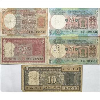 India Paper Currency - (2) 2 and 5 Rupee and (1) 10 Rupee Banknotes - 5 Notes