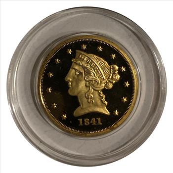 >1841 24K Gold Plated Replica Gold $5 Coin Gem Proof Condition - Airtight Encased