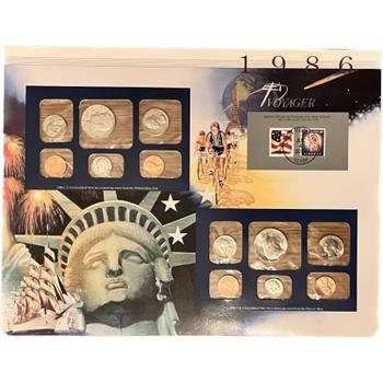 * 1986 (P&D) U.S. Uncirculated Mint Sets & Statue of Liberty 8 Cent Stamp on Large Year of 1986 Historical Collector Panel