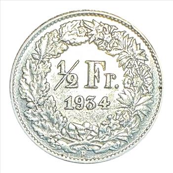 >1934B Switzerland Silver 1/2 Franc Helvetia Coin - Excellent Detail