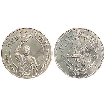 >1993 Liberia Nolan Ryan $1 Token Coin - Seven Career No Hitters and 1984 & 1985 Wade Boggs Red Sox Trading Cards Encased!