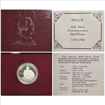 1732-1982 U.S. Silver Proof Commemorative George Washington Half Dollar - Boxed with COA