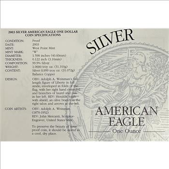 2003-W U.S. American Eagle One Troy Ounce Silver Proof One Dollar Coin - Beautiful Original Mint Navy Blue Case With COA
