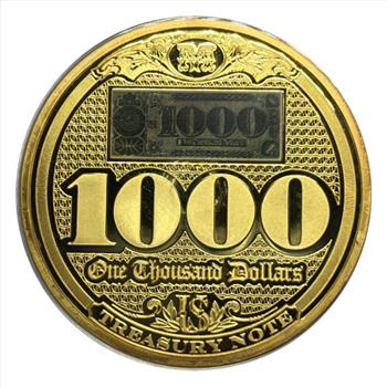 * 2014 Treasury Notes from 1890-91 24K Gold Layered Proof Coin with Banknote Sticker #3280 of 9,999