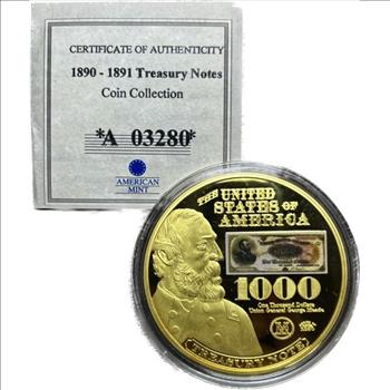 * 2014 Treasury Notes from 1890-91 24K Gold Layered Proof Coin with Banknote Sticker #3280 of 9,999