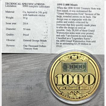 * 2014 Treasury Notes from 1890-91 24K Gold Layered Proof Coin with Banknote Sticker #3280 of 9,999