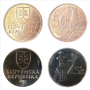 >Slovakia Coins - 2002 50 Halierov and 2003 2 Koruna with Double Cross and Venus Statue