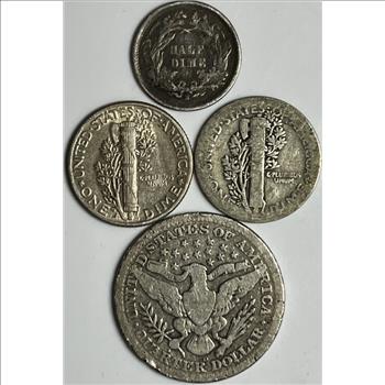 . Set of 4 Silver U.S. Coins - 1916 & 1945-D Mercury Dimes, 1914-D Barber Quarter & 1866-S Seated Liberty Dime