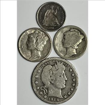 . Set of 4 Silver U.S. Coins - 1916 & 1945-D Mercury Dimes, 1914-D Barber Quarter & 1866-S Seated Liberty Dime