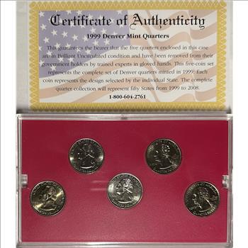 1999 U.S. Denver Mint Edition State Quarter Collection - DE, PA, NJ, GA and CT - 5 State Quarters in Custom Display