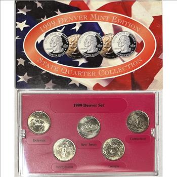 1999 U.S. Denver Mint Edition State Quarter Collection - DE, PA, NJ, GA and CT - 5 State Quarters in Custom Display