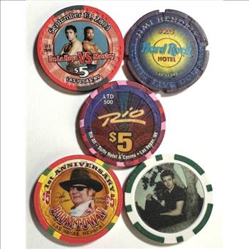 Assortment of Five Casino Tokens - Featuring John Wayne, Jimi Hendrix, Dela Hoya vs. Mosely, James Dean & the Chippendales