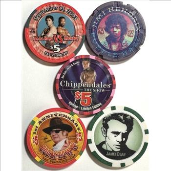 Assortment of Five Casino Tokens - Featuring John Wayne, Jimi Hendrix, Dela Hoya vs. Mosely, James Dean & the Chippendales