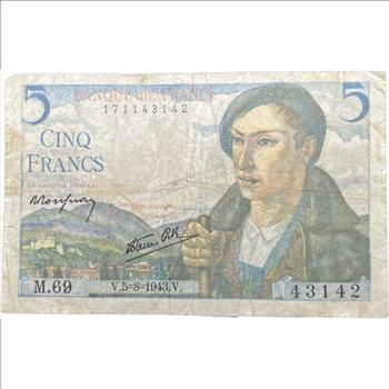 . 1943 France 5 Cinq Francs Note WW2