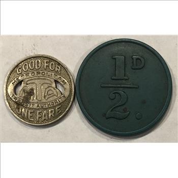 >Pair of Transit Tokens - Los Angeles and UK Manchester Corporation Tramways - 2 Tokens