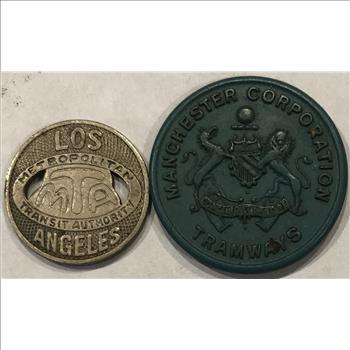 >Pair of Transit Tokens - Los Angeles and UK Manchester Corporation Tramways - 2 Tokens