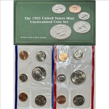 >1993 (P&D) U.S. Mint Uncirculated Coin Set - 10 Coins and 2 Mint Treasury Tokens in Original Mint Packaging with COA