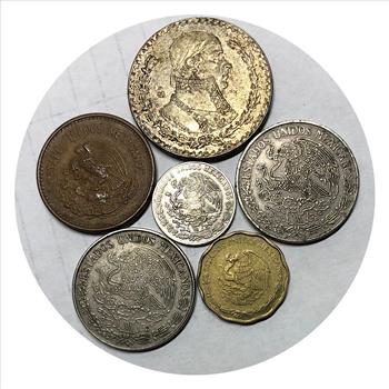 >Assortment of 6 Mexico Coins - 1943-1997 Including a Silver Un Peso