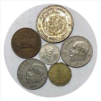 >Assortment of 6 Mexico Coins - 1943-1997 Including a Silver Un Peso