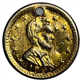 * 1909 Dated Gold Layered Holed Lincoln Medal (Dime shown for size comparison)
