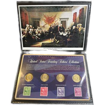 >U.S. Founding Fathers Collection - 4 Presidential $1 Coins and Stamps in Leather Bound Book - Vault Verified #AS1802