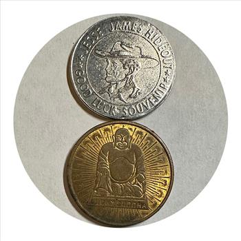 >Good Luck Tokens!  Jesse James Hideout Meremac Caverns (Missouri) and Lucky Buddha-The Lion Token!