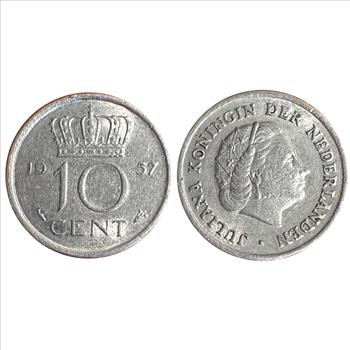 >1928 Silver Canada 10 Cents, 1957 Netherlands 10 Cents and 1958-D U.S. Silver Roosevelt One Dime with Toning - 3 Coins