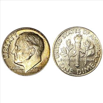 >1928 Silver Canada 10 Cents, 1957 Netherlands 10 Cents and 1958-D U.S. Silver Roosevelt One Dime with Toning - 3 Coins