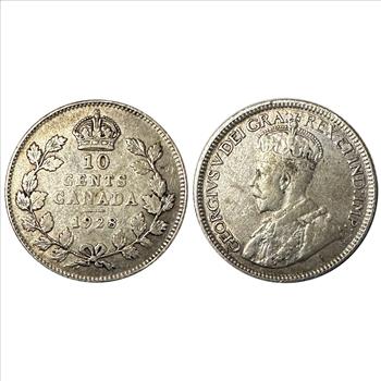 >1928 Silver Canada 10 Cents, 1957 Netherlands 10 Cents and 1958-D U.S. Silver Roosevelt One Dime with Toning - 3 Coins