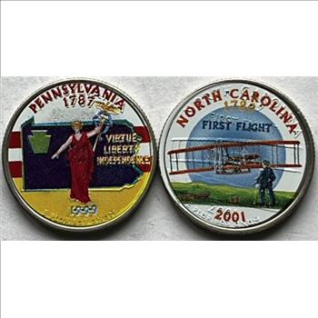 * 1999 & 2001 U.S. (Denver Mint) Colorized State Quarters - Pennsylvania & North Carolina - Set of 2
