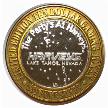 # Silver Strike!  Collector's Series $10 Silver Gaming Token -Harvey's Lake Tahoe Nevada - .999 Fine Silver