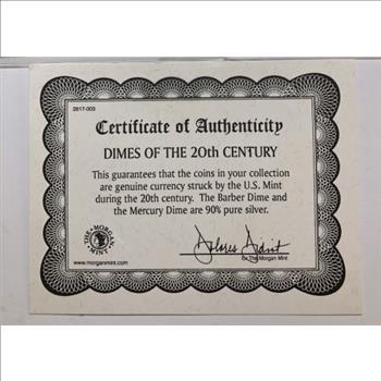 U.S. Dimes of the 20th Century - 1919 Silver Barber, 1945 Silver Mercury, 1970-D Roosevelt Dime with COA