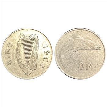 >1969 Ireland Eire 10 Pence (Salmon) and 1988 Philippines Jose Rizal 1 Piso Coins - 2 Coins